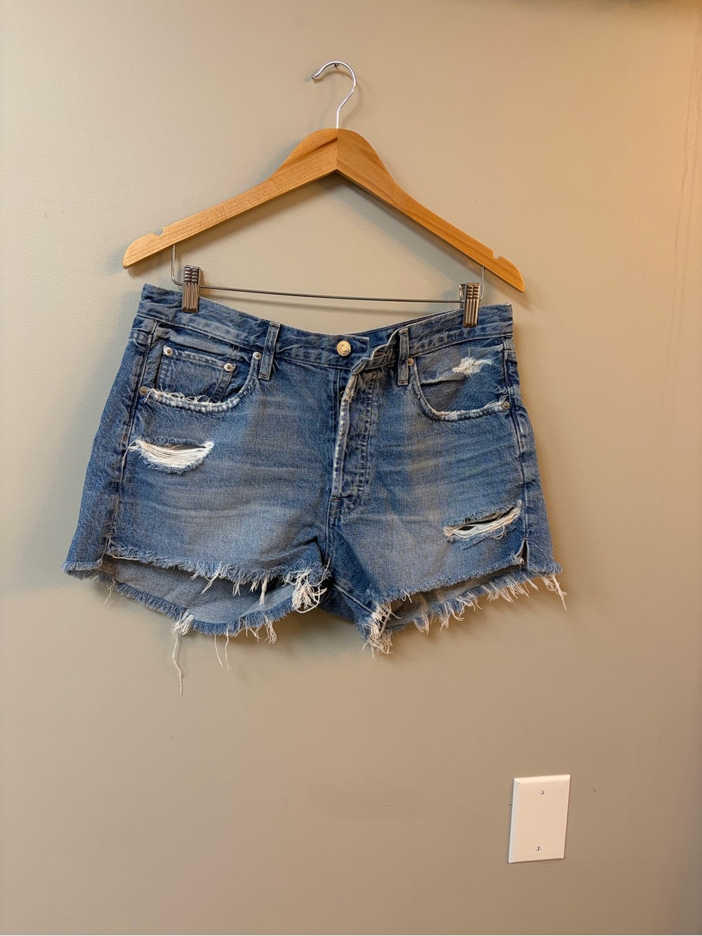 Edwin Light Blue Distressed Denim Cutoff Shorts